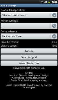 iRealb Android les paramètres de l'application