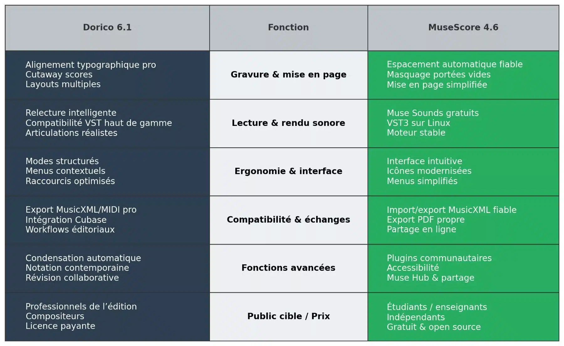 tableau comparatif des fonctions Dorico 6.1 vs Musescore 4.6