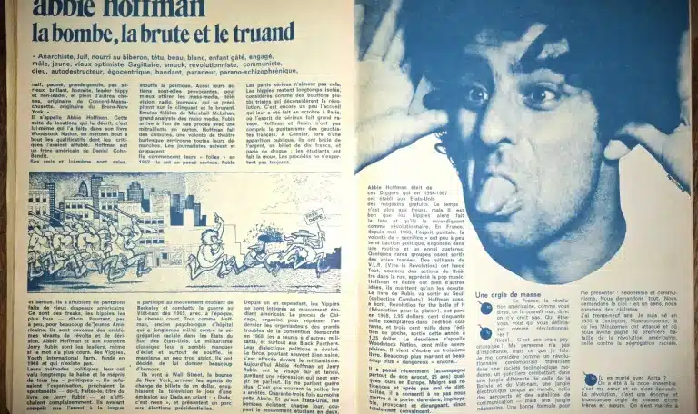 Double page du magazine Actuel consacrée à Abbie Hoffman, figure de la contre-culture américaine