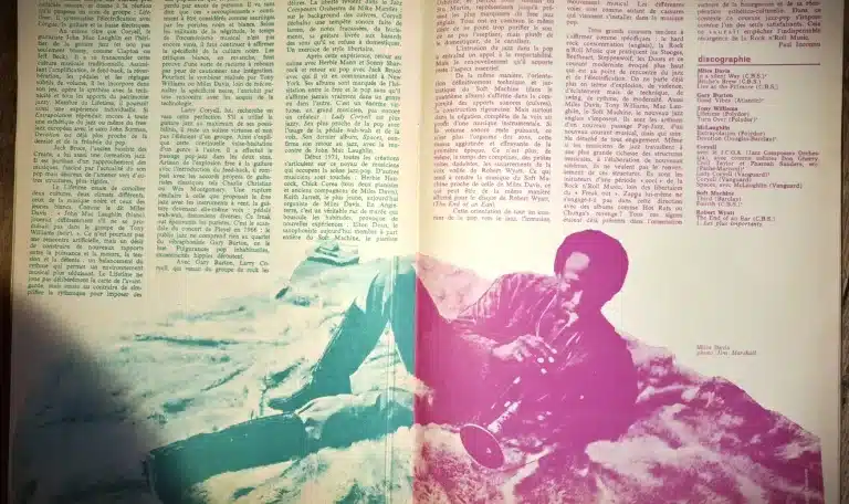 Double page du magazine Actuel avec un portrait de Miles Davis, jazz et avant-garde musicale