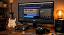 Home-studio avec guitare, interface audio et session multipiste sur Fender Studio Pro affichée à l’écran