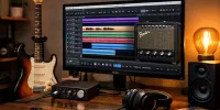 Home-studio avec guitare, interface audio et session multipiste sur Fender Studio Pro affichée à l’écran