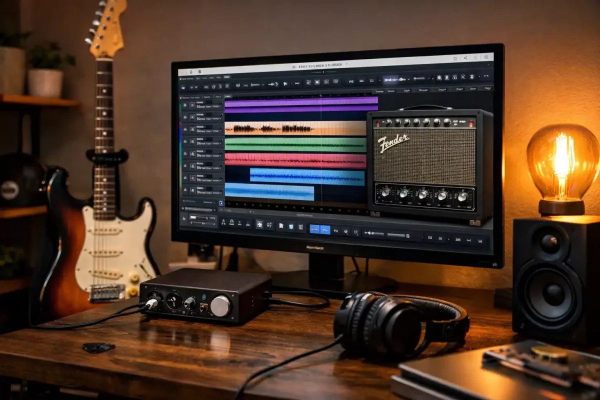 Home-studio avec guitare, interface audio et session multipiste sur Fender Studio Pro affichée à l’écran