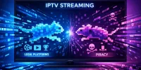 Illustration IPTV : écran TV avec flux de données numériques, opposition entre plateformes légales et piratage, chat et souris en pixels symbolisant la course-poursuite
