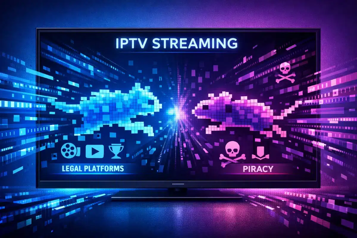 Illustration IPTV : écran TV avec flux de données numériques, opposition entre plateformes légales et piratage, chat et souris en pixels symbolisant la course-poursuite