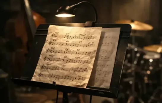 upitre avec partition imprimée légèrement froissée sous lampe, papier trop fin laissant voir le verso, ambiance répétition musicale.