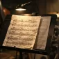 upitre avec partition imprimée légèrement froissée sous lampe, papier trop fin laissant voir le verso, ambiance répétition musicale.