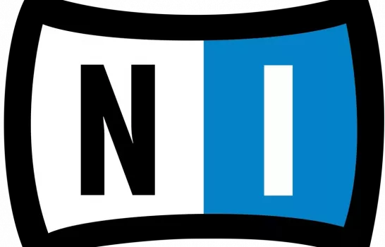 Logo de Native Instruments avec les lettres NI en noir et blanc sur fond noir