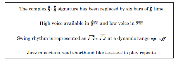 Exemple de symboles musicaux tapés avec MusGlyphs dans un traitement de texte