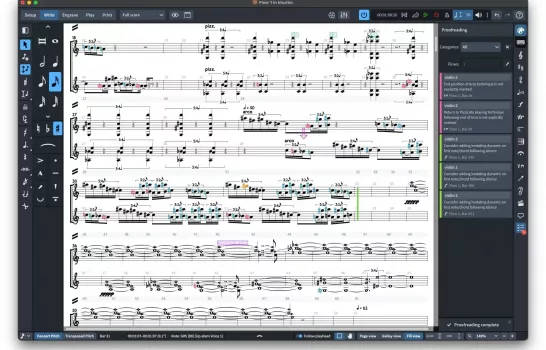 Interface de Dorico affichant une partition orchestrale avec le Proofreading Panel ouvert