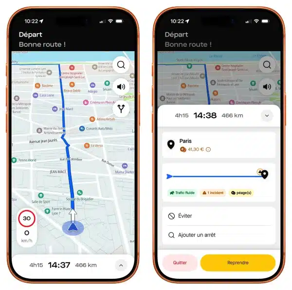 Application GPS française gratuite Roole Maps en navigation avec itinéraire et guidage en temps réel sur smartphone