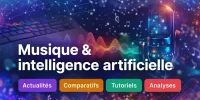 Musique et intelligence artificielle, visuel illustrant un nouveau site consacré aux actualités, comparatifs, tutoriels et analyses