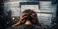 Utilisateur submergé par Finale, Dorico, Sibelius et MuseScore affichés à l’écran, illustrant la confusion lors d’un changement de logiciel de notation musicale