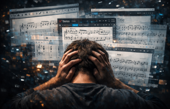 Utilisateur submergé par Finale, Dorico, Sibelius et MuseScore affichés à l’écran, illustrant la confusion lors d’un changement de logiciel de notation musicale