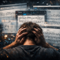 Utilisateur submergé par Finale, Dorico, Sibelius et MuseScore affichés à l’écran, illustrant la confusion lors d’un changement de logiciel de notation musicale