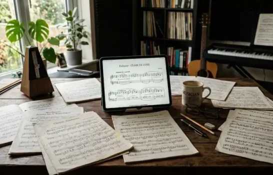 Partition papier annotée au crayon à côté d’une tablette affichant une partition numérique