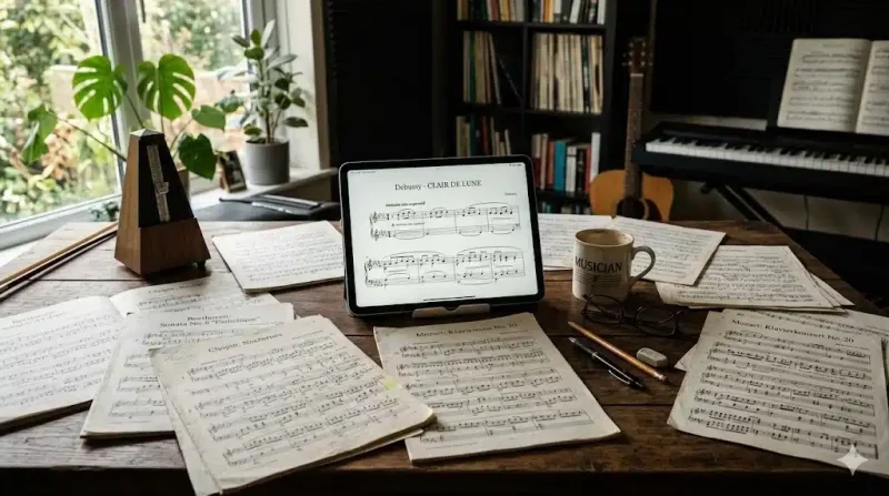 Partition papier annotée au crayon à côté d’une tablette affichant une partition numérique