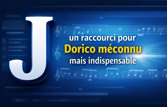 Grande lettre J en visuel sur fond d’interface de notation musicale avec le texte : un raccourci pour Dorico méconnu mais indispensable