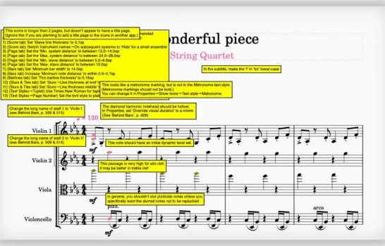 Capture d’écran de MuseScore avec le plugin MN Better Notation analysant une partition de quatuor à cordes et signalant des erreurs de notation et de mise en page