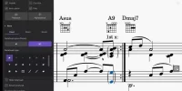 Screenshot of a music score with chord symbols Asus, A9, Dmaj7 and a '1st x:' ending; notes on the staff, with an editing toolbox visible on the left.