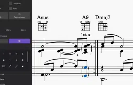 Screenshot of a music score with chord symbols Asus, A9, Dmaj7 and a '1st x:' ending; notes on the staff, with an editing toolbox visible on the left.