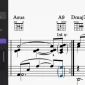 Screenshot of a music score with chord symbols Asus, A9, Dmaj7 and a '1st x:' ending; notes on the staff, with an editing toolbox visible on the left.
