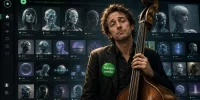 Musicien avec contrebasse portant un badge humain certifié devant une interface de streaming envahie par des profils musicaux générés par IA