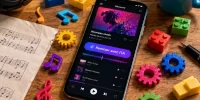 Smartphone affichant un bouton Remixer avec l’IA, entouré de jouets colorés et d’une partition papier.