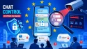 Illustration warning about online privacy in the EU: a smartphone, security icons, and a magnifying glass over chat bubbles amid stars and surveillance imagery, with 'Chat Control' text and a security shield left.