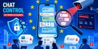 Illustration warning about online privacy in the EU: a smartphone, security icons, and a magnifying glass over chat bubbles amid stars and surveillance imagery, with 'Chat Control' text and a security shield left.