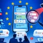 Illustration warning about online privacy in the EU: a smartphone, security icons, and a magnifying glass over chat bubbles amid stars and surveillance imagery, with 'Chat Control' text and a security shield left.