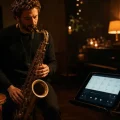 Jazz saxophonist playing a saxophone beside a tablet displaying sheet music in a dimly lit club around a microphone and warm lighting.