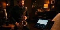 Jazz saxophonist playing a saxophone beside a tablet displaying sheet music in a dimly lit club around a microphone and warm lighting.