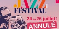 Poster for Andernos Jazz Festival cancelation (ANNULÉ) showing a trumpet player illustration and bold colorful title, dates 24–26 July 2026.
