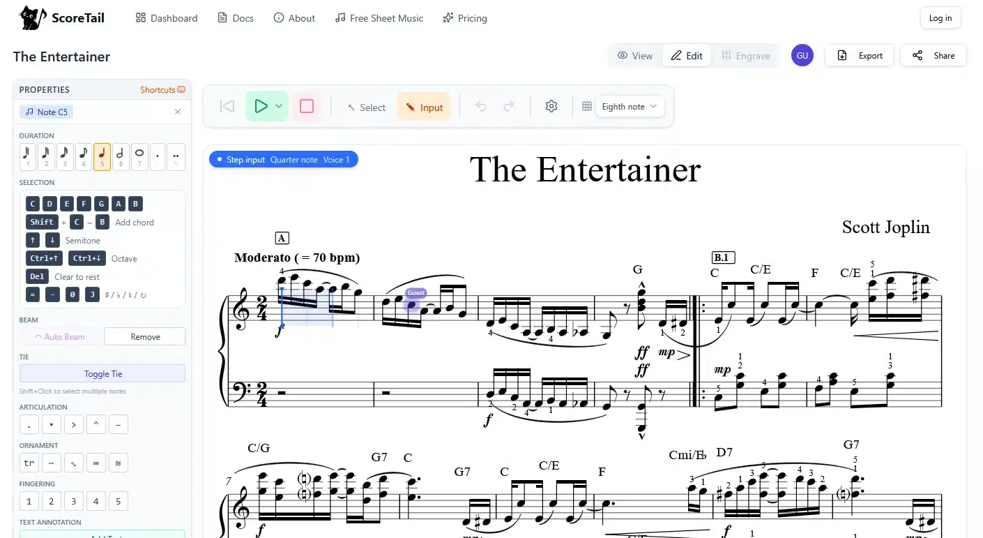Screenshot of "Score tail" piano score page titled "The Entertainer" by Scott Joplin, with a left-hand editor UI visible.