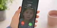 Phone screen shows an incoming call from Lea, a child, with Refuse and Answer options visible.