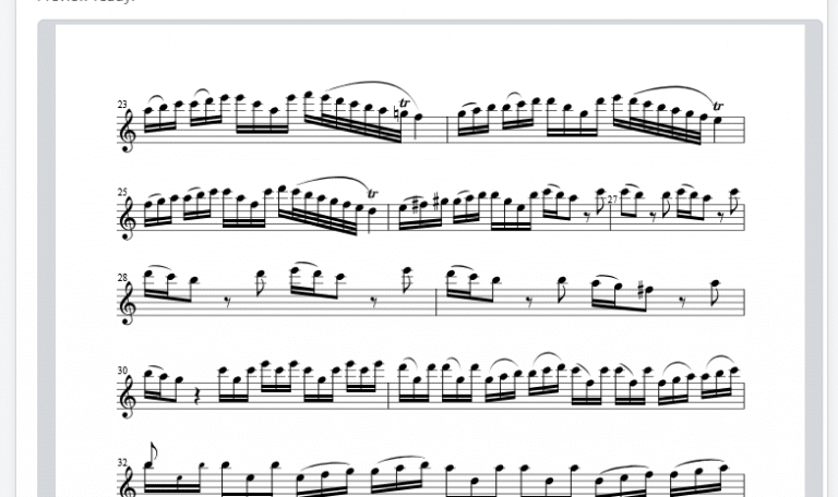 Page of flute solo music from Vivaldi (Trio La Min) with fast arpeggios and triplets, measures 23–33, printed in treble clef.