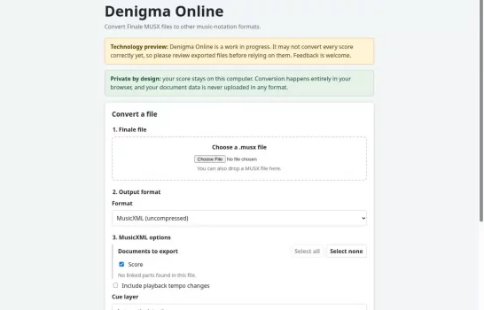 Interface de Denigma Online pour convertir un fichier Finale MUSX en MusicXML.