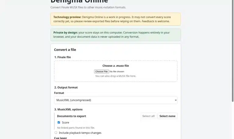 Interface de Denigma Online pour convertir un fichier Finale MUSX en MusicXML.