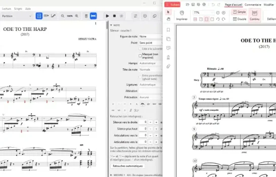 Comparaison de la partition Ode to the Harp importée dans Maestro et du PDF original, avant exportation au format MusicXML.