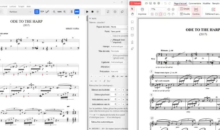 Comparaison de la partition Ode to the Harp importée dans Maestro et du PDF original, avant exportation au format MusicXML.